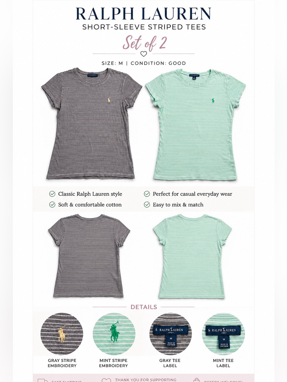 Ralph Lauren Short-Sleeve Striped Tees in Gray & Mint
